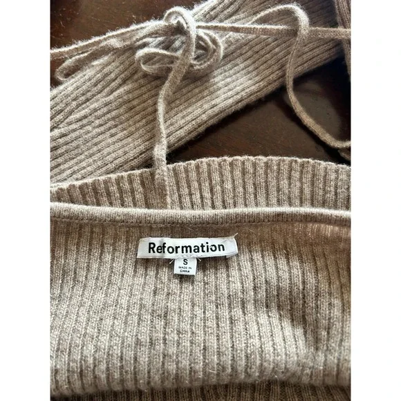 Reformation Aries Cashmere Sweater Women Size Small Oatmeal Cropped Tie Back L/S - Picture 4 of 10